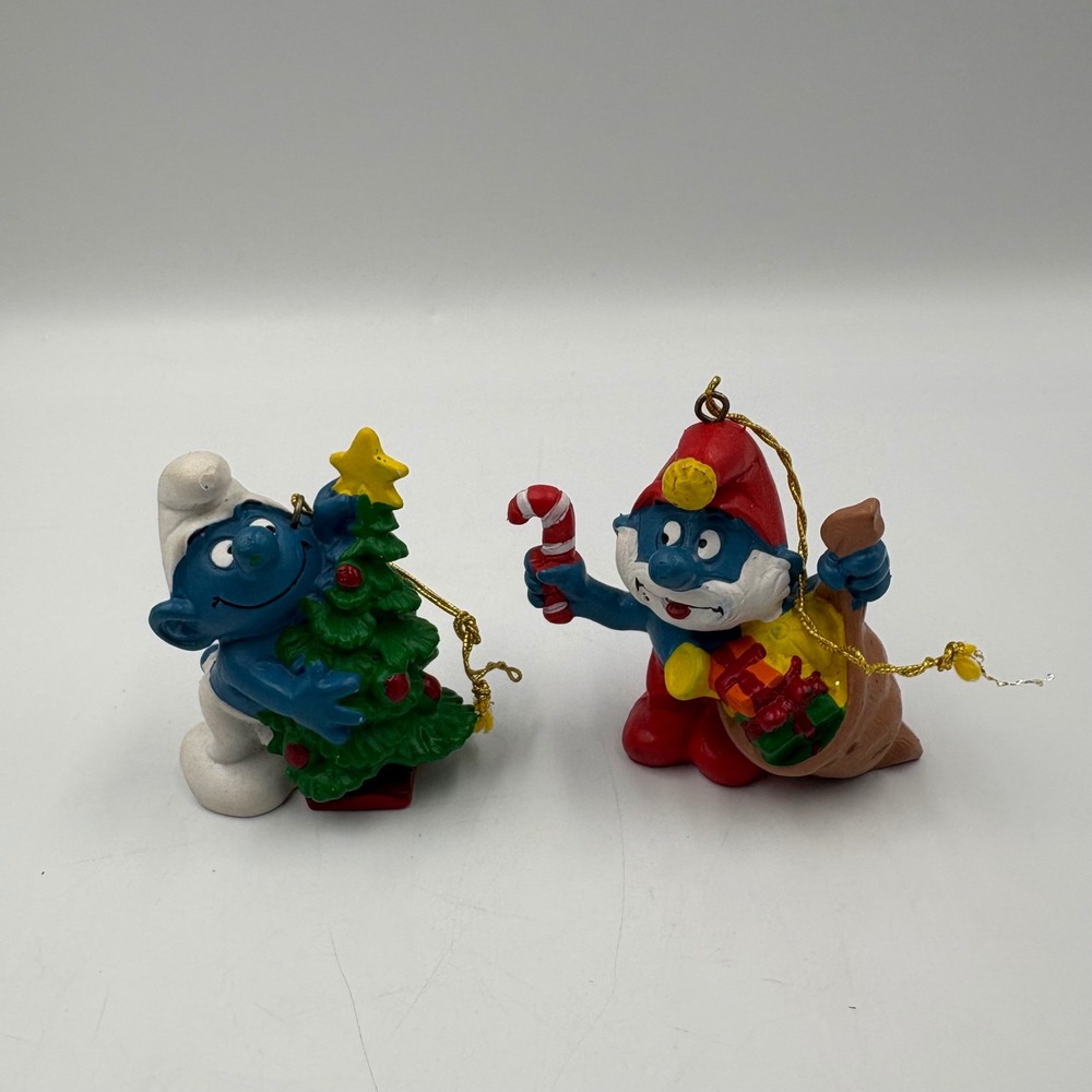 Vintage 1981 Schleich Smurfs Christmas Ornaments Papa‎ Smurf Tree Set of 2 Peyo